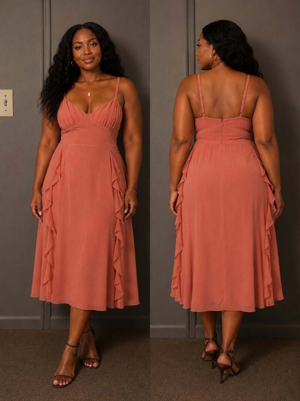 Spaghetti Strap Dusty Rose Ruffle-Trim Maxi Dress